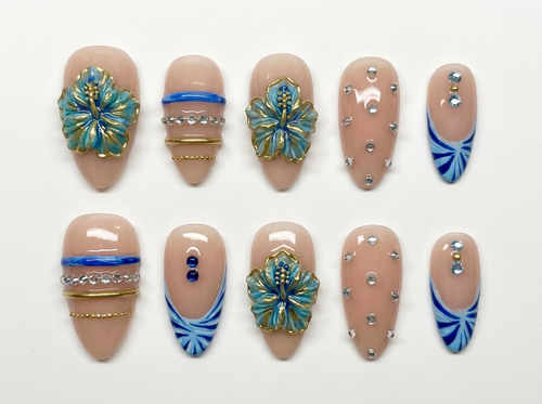 Blue 3D Flower Press On Nails, Gold Hibiscus Nails, Luxury Rhinestone Crystal Glue On Nails, Resort Vacation Custom Manicure, Gift For Her - CT260901
