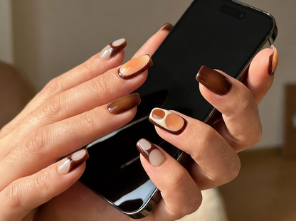 Brown Retro Aura Press On Nails - Coffee Latte Art - 70s Geometric Mod - Chocolate Valentine - Warm Neutral - Custom Size Set - PN251235