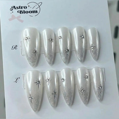 Pearl White Press On Nails with Silver Star Charms, Wedding Press-On Nails - Glitter French Tip Nails - Custom Size Set - PN251155