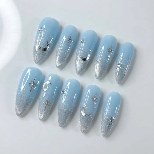 Baby Blue Celestial Press On Nails - Silver Glitter Ombre - Moon & Star Charm - Y2K Fairycore Gel Manicure - Custom Size Set - PN251158