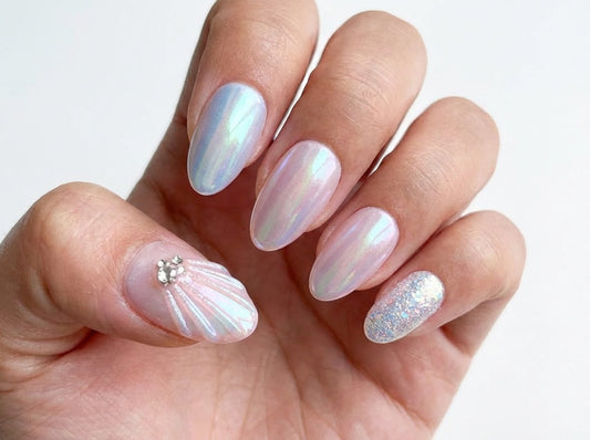 Mermaid Core Press on Nails, Iridescent Chrome Shell Nails, Pink Pearl Glue on Nails, 3D Sea Shell Art, Aurora Nails, Glitter Summer Nails - PN251279