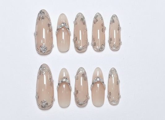 Soft Girl Fairycore Press On Nails - Silver Chrome Vines & Pearls - Nude Pink Coquette - 3D Textured Floral - Custom Size Set - PN251149