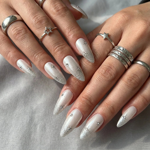 Pearl White Press On Nails with Silver Star Charms, Wedding Press-On Nails - Glitter French Tip Nails - Custom Size Set - PN251155