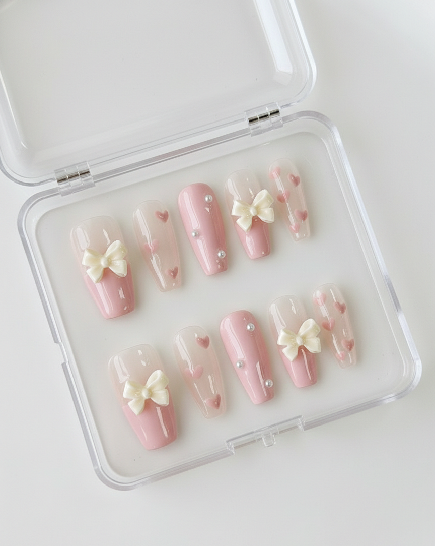 Pink Coquette Bow Press On Nails - 3D Cream Ribbon Charm - Tiny Heart Pattern - Pearl Accent - Valentine's Day Gel - Custom Size Set - PN251237