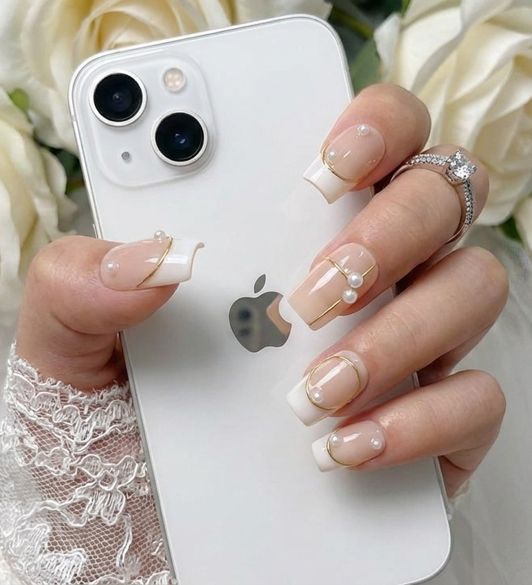 White Pearl French Tip Press On Nails - Gold Chrome Wire Art - 3D Bridal Gem - Elegant Valentine's Gel - PN251243