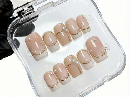 White Pearl French Tip Press On Nails - Gold Chrome Wire Art - 3D Bridal Gem - Elegant Valentine's Gel - PN251243