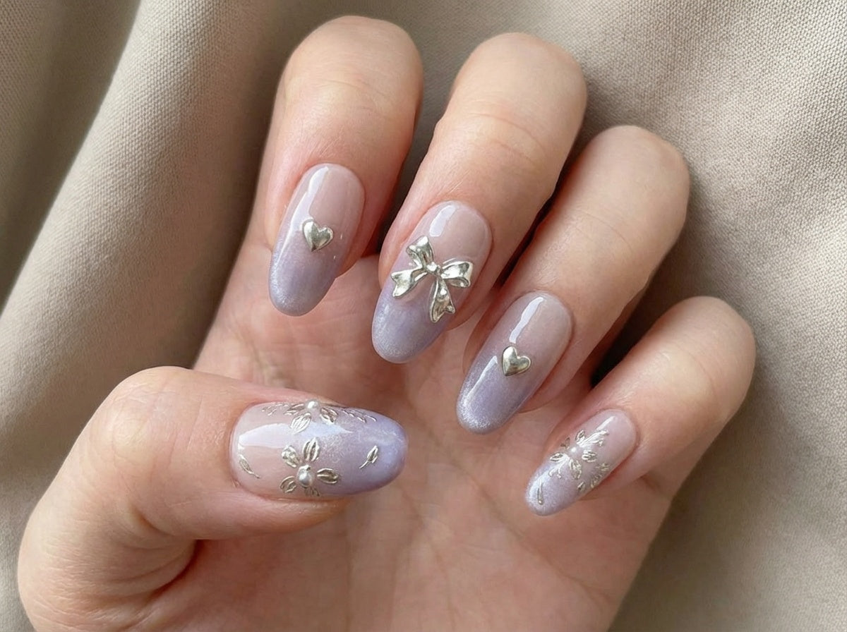 Purple Ombre Cat Eye Nails, Silver Chrome Floral Press on Nails, Coquette Bow Nails, Lavender Velvet Nails, 3D Heart Nails, Y2K Fake Nails - PN251281