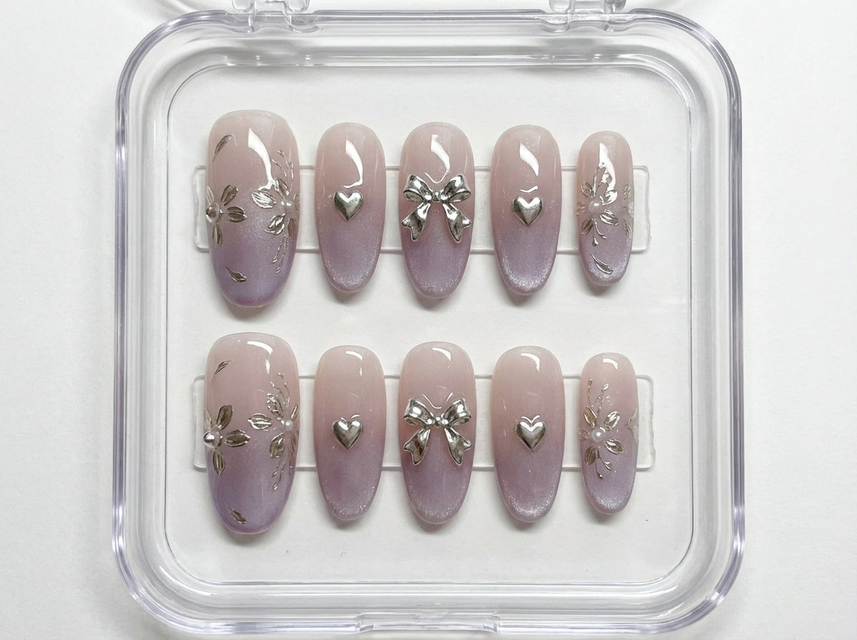 Purple Ombre Cat Eye Nails, Silver Chrome Floral Press on Nails, Coquette Bow Nails, Lavender Velvet Nails, 3D Heart Nails, Y2K Fake Nails - PN251281