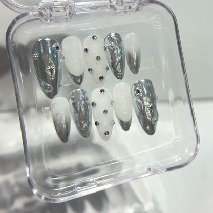 Silver Chrome Molten Press On Nails - White Cat Eye Crystal Accent Nails - Liquid Metal Soft Gel Nails - Custom Size Set - NM233024