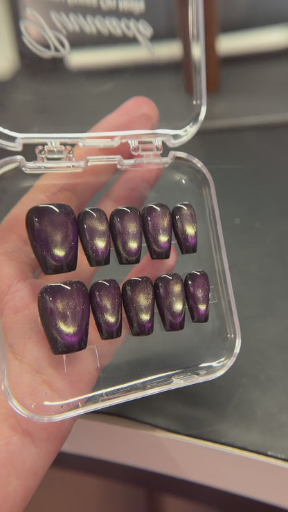 Purple Gold Cat Eye Press on Nails, Magnetic Luxury Nails, Old Money Aesthetic Reusable Nails, Custom Size Handcrafted Gel Glue on Set - PN251138