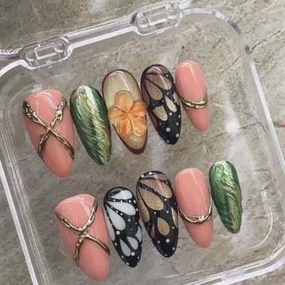Butterfly Wing Press on Nails, Autumn Forest Glue ons, 3D Flower Nail Art, Earthy Green Chrome Nails, Monarch Wing Nails, Whimsical Fall - PN251302