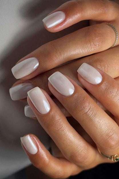 Milky White Glazed Press On Nails - Clean Girl Aesthetic - Minimalist Bridal Wedding Soft Chrome Gel Manicure  - Custom Size Set - PN251145